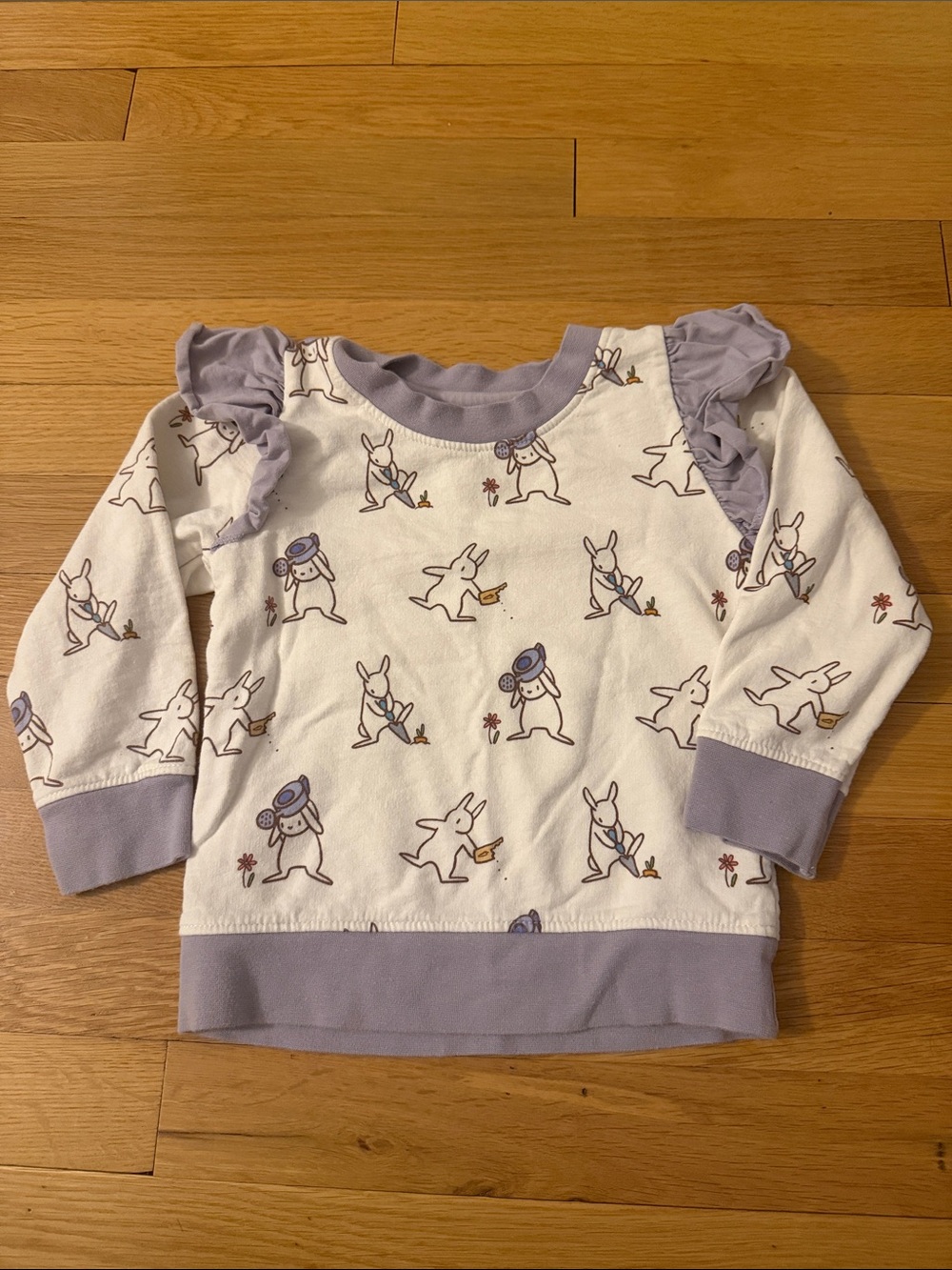 Girls' White Sweatshirt with Lilac Bunny Print and Ruffle Shoulders